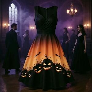 Pumpkin Print High Waist Sleeveless Back Zip Mid Calf Dress